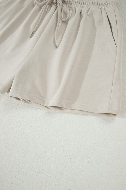 Smoke Gray Solid Color Puffy Loose Top Drawstring Shorts 2pcs Outfit