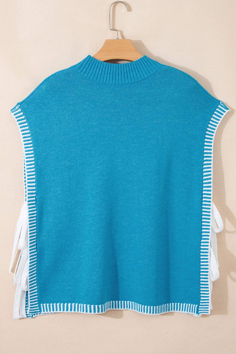 Blue Contrast Stitch Trim Knot Side Mock Neck Sweater Vest