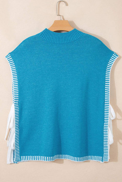 Blue Contrast Stitch Trim Knot Side Mock Neck Sweater Vest