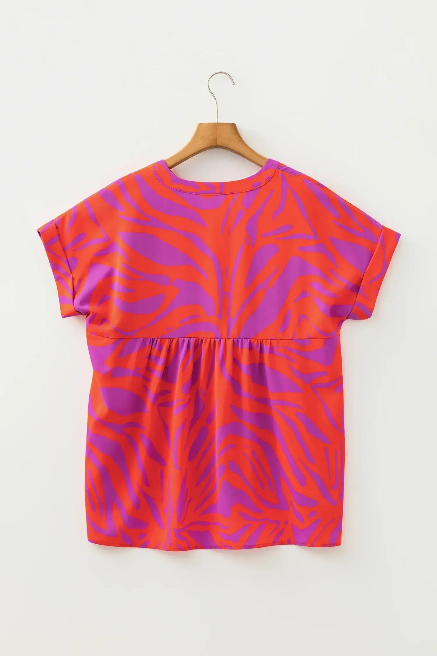 Multicolour Abstract Print V Neck Cuffed Short Sleeve Shift Slit Blouse - Sweet Fashion Wholesale