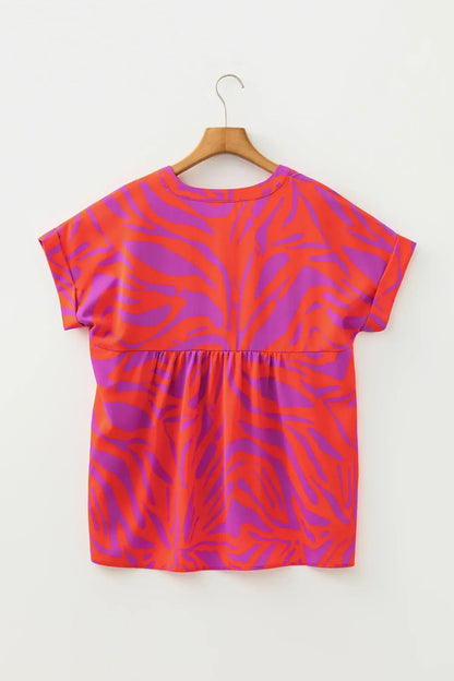 Multicolour Abstract Print V Neck Cuffed Short Sleeve Shift Slit Blouse - Sweet Fashion Wholesale