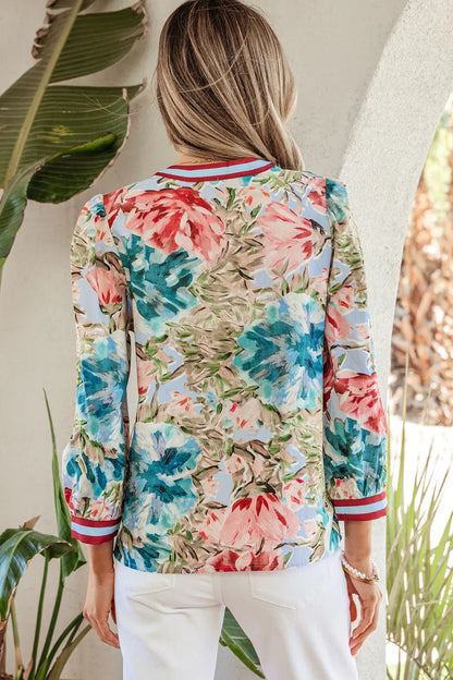 Sky Blue Contrast Trim V Neck Cuffed Bracelet Sleeve Floral Blouse - Sweet Fashion Wholesale