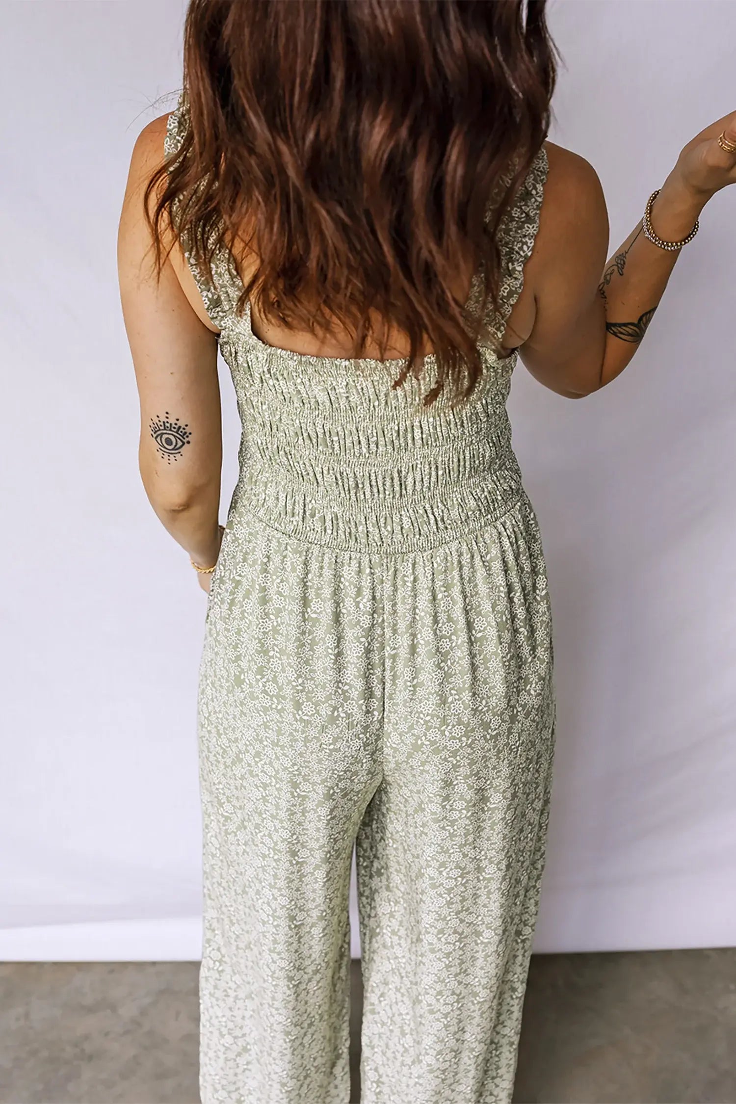 Green Smocked Bodice Square Neck Sleeveless Floral Jumpsuit - Sweet Fashion Wholesale