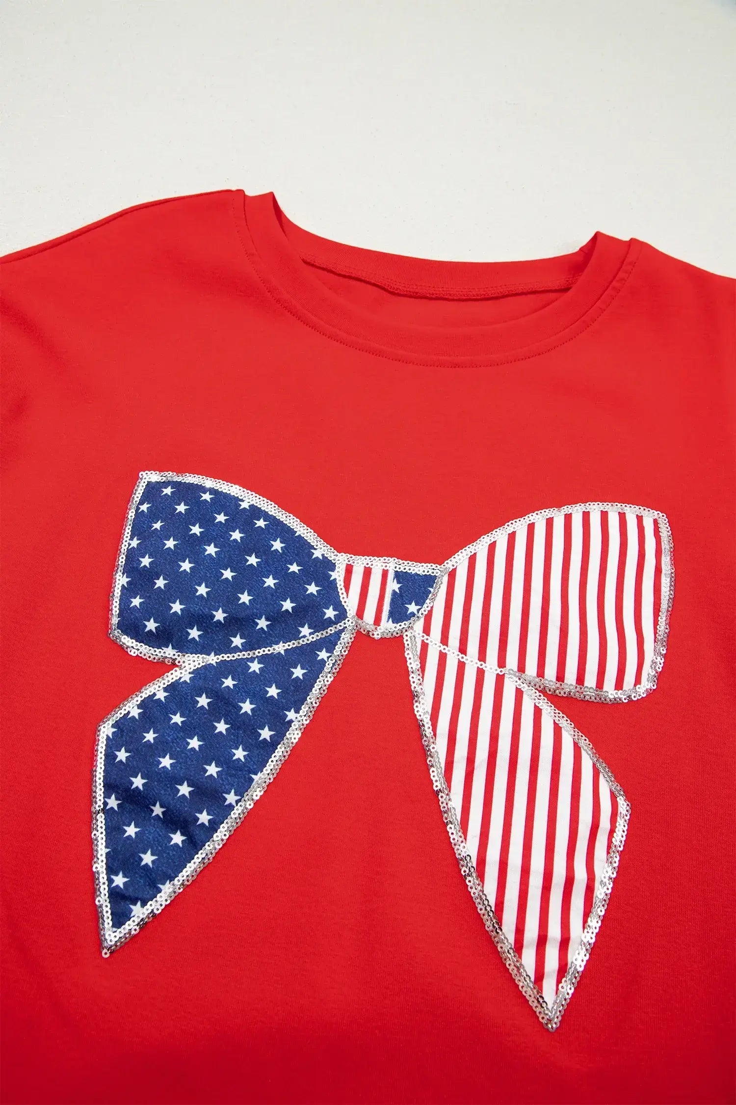 Fiery Red Sequin Trim Stars and Stripes Bow Patched T Shirt Mini Dress - Sweet Fashion Wholesale