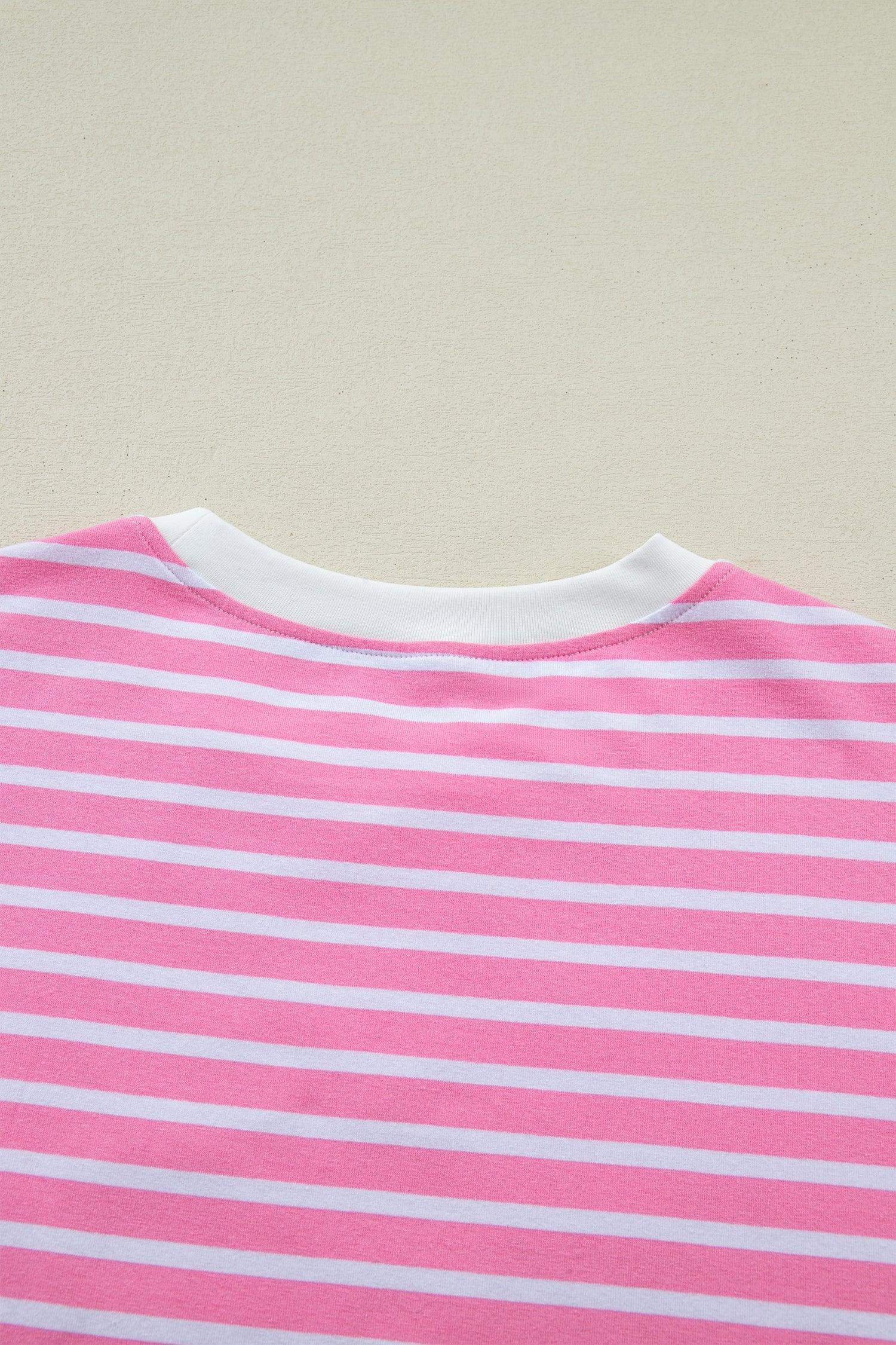 Pink Stripe Round Neck Drop Shoulder Short Sleeve Loose Top - Sweet Fashion Wholesale