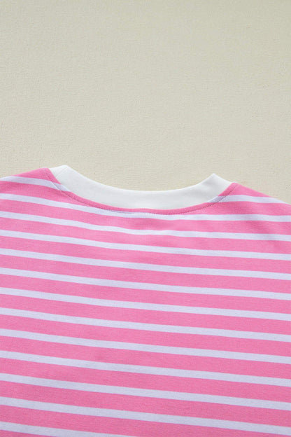 Pink Stripe Round Neck Drop Shoulder Short Sleeve Loose Top - Sweet Fashion Wholesale