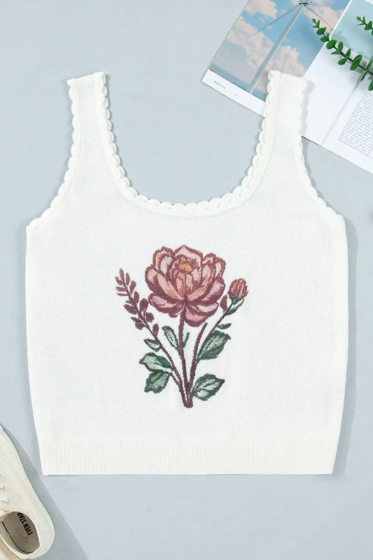 White Plus Size Floral Print Scalloped Trim Square Neck Sweater Vest - Sweet Fashion Wholesale