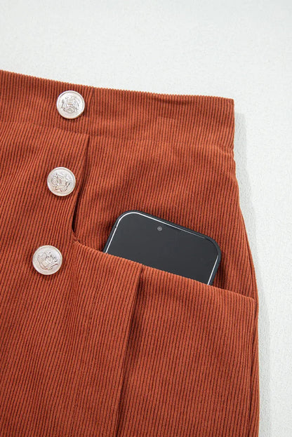 Clay Button Decor Scalloped Edge High Waist Corduroy Shorts