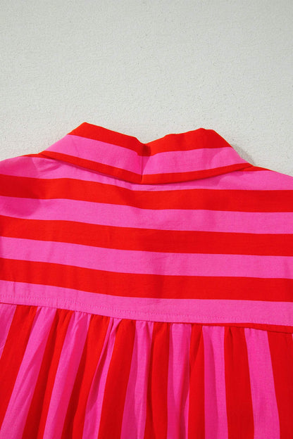 Red Stripe Tie Puff Sleeve Womens Button Down Shirt