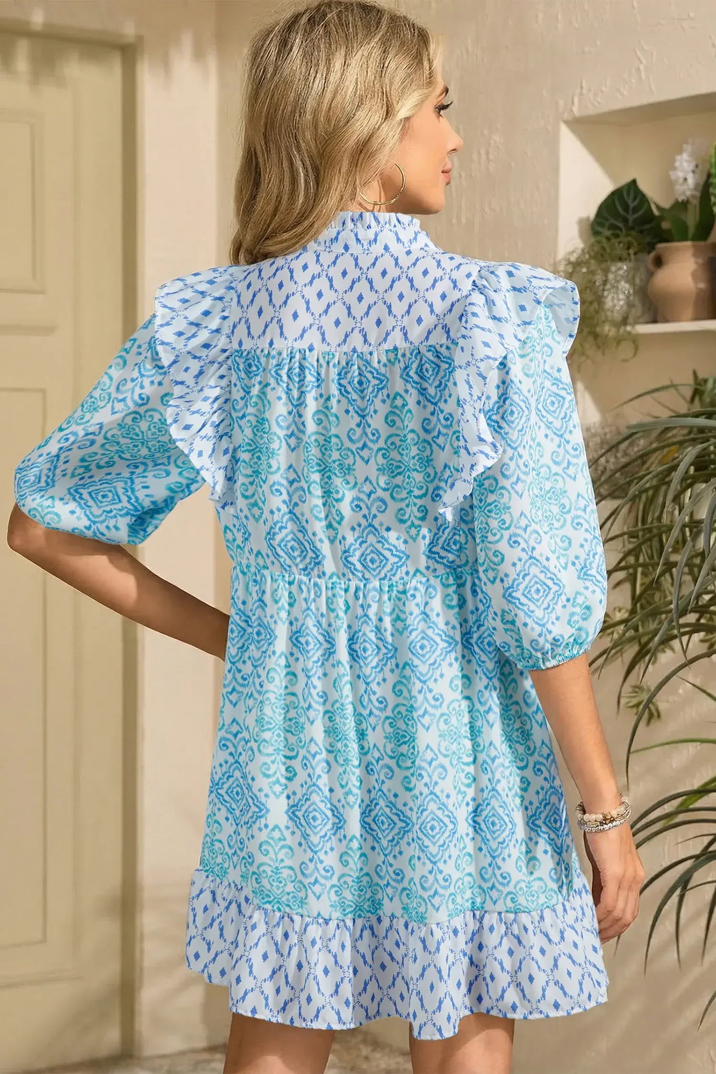 Sky Blue Boho Floral Geometric Patchwork Ruffle Detail Puff Sleeve Mini Dress - Sweet Fashion Wholesale