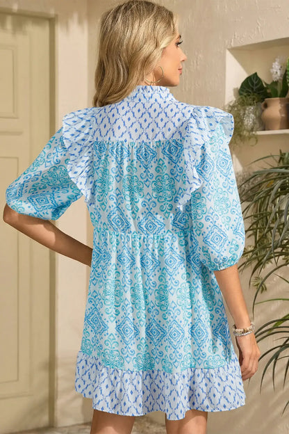 Sky Blue Boho Floral Geometric Patchwork Ruffle Detail Puff Sleeve Mini Dress - Sweet Fashion Wholesale