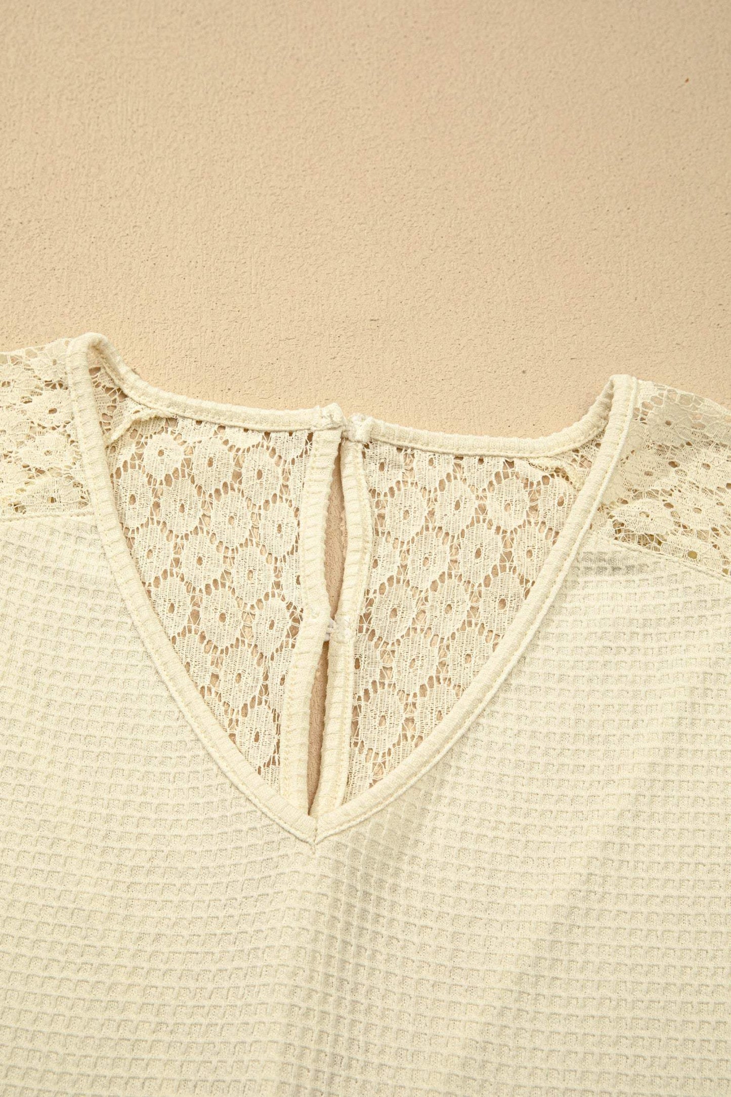 Beige Lace Splicing Button Cutout V Neck Waffle Knit Blouse