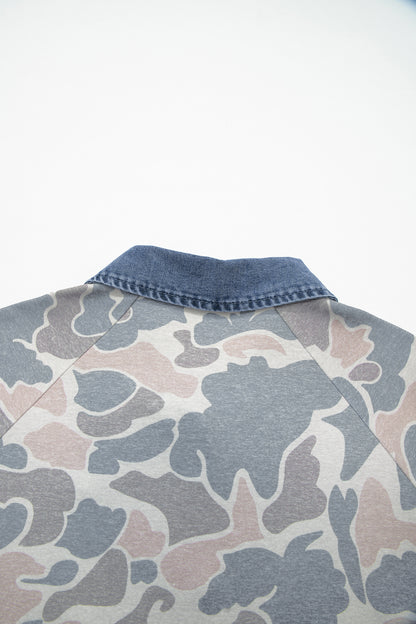 Multicolour Camouflage Print Denim Patchwork Polo Collar Tee