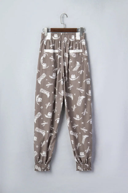 Khaki Western Cactus Cowgirl Hat Boot Printed Vintage Drawstring Jogger Pants - Sweet Fashion Wholesale