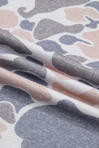 Multicolour Camouflage Print Denim Color Block Sleeve Casual Tee