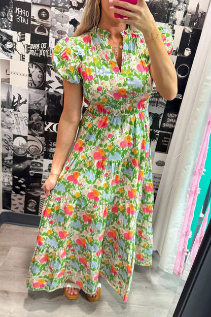 Green Floral Print V Neck Short Puff Sleeve Cotton Maxi Dress