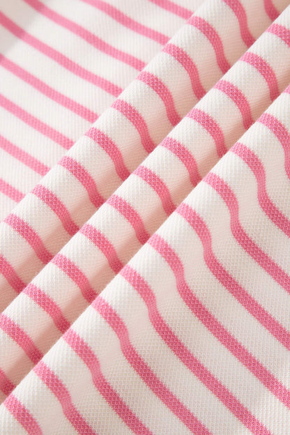 Pink Stripe Color Block Patchwork Polo Tee Drawstring Elastic Waist 2pcs Skort Set