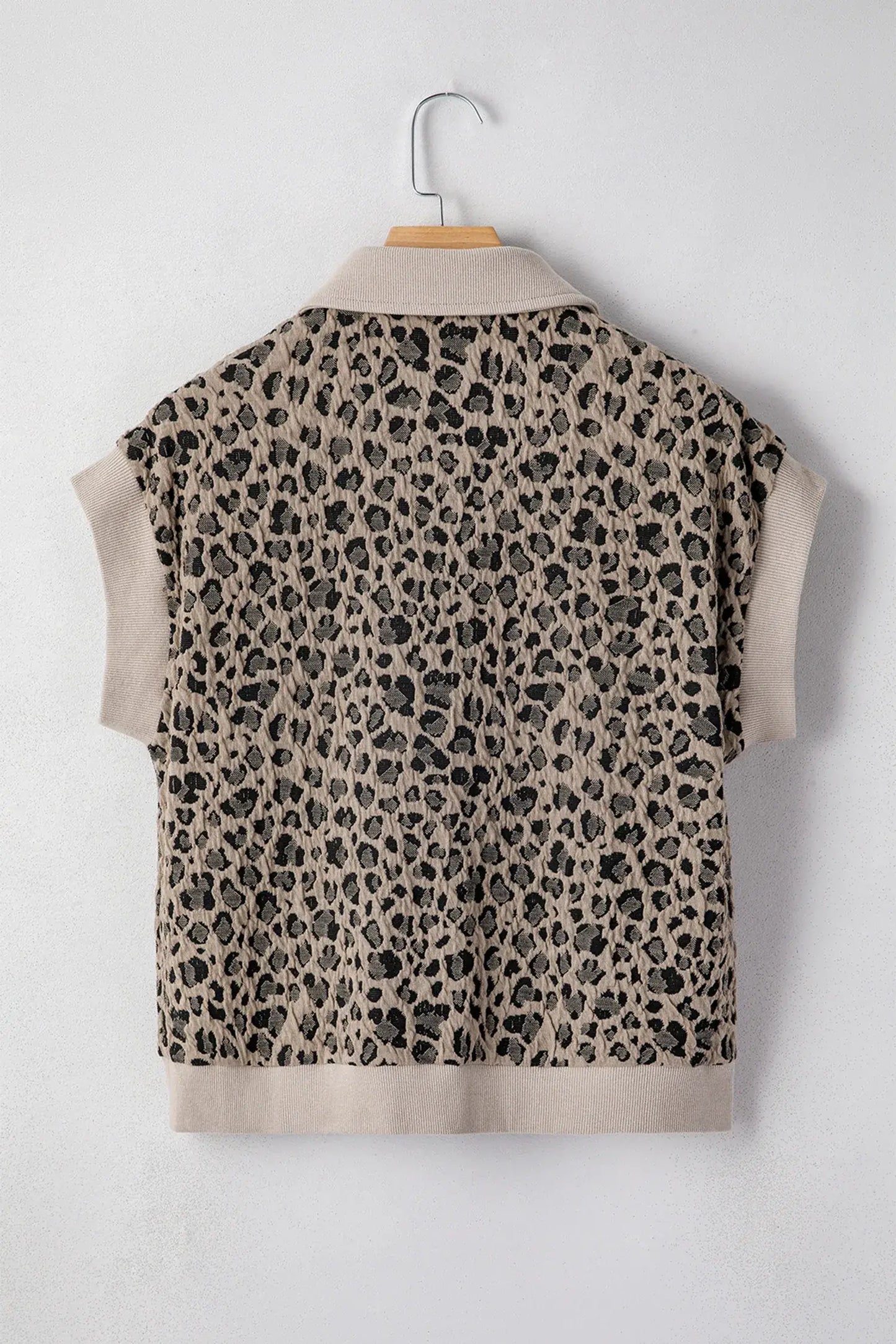Beige Zip up Collared Leopard Cap Sleeve Top - Sweet Fashion Wholesale