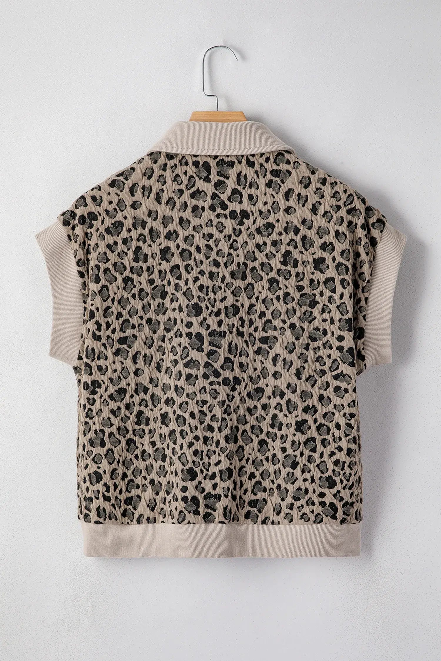 Beige Zip up Collared Leopard Cap Sleeve Top - Sweet Fashion Wholesale