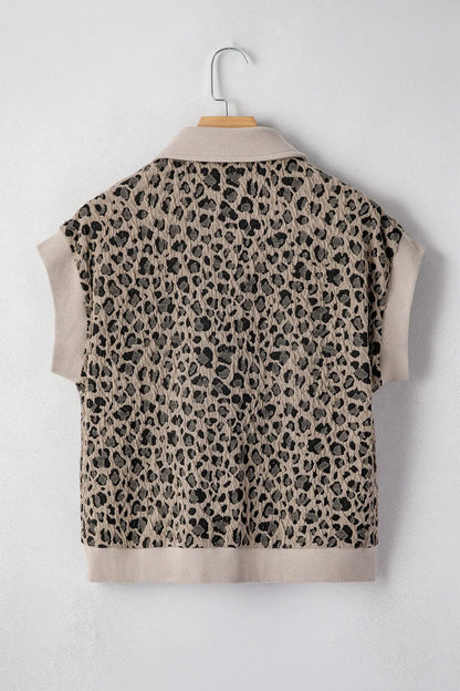 Beige Zip up Collared Leopard Cap Sleeve Top - Sweet Fashion Wholesale