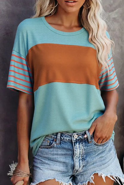 Laurel Green Color Block Striped Detail Loose T Shirt - Sweet Fashion Wholesale