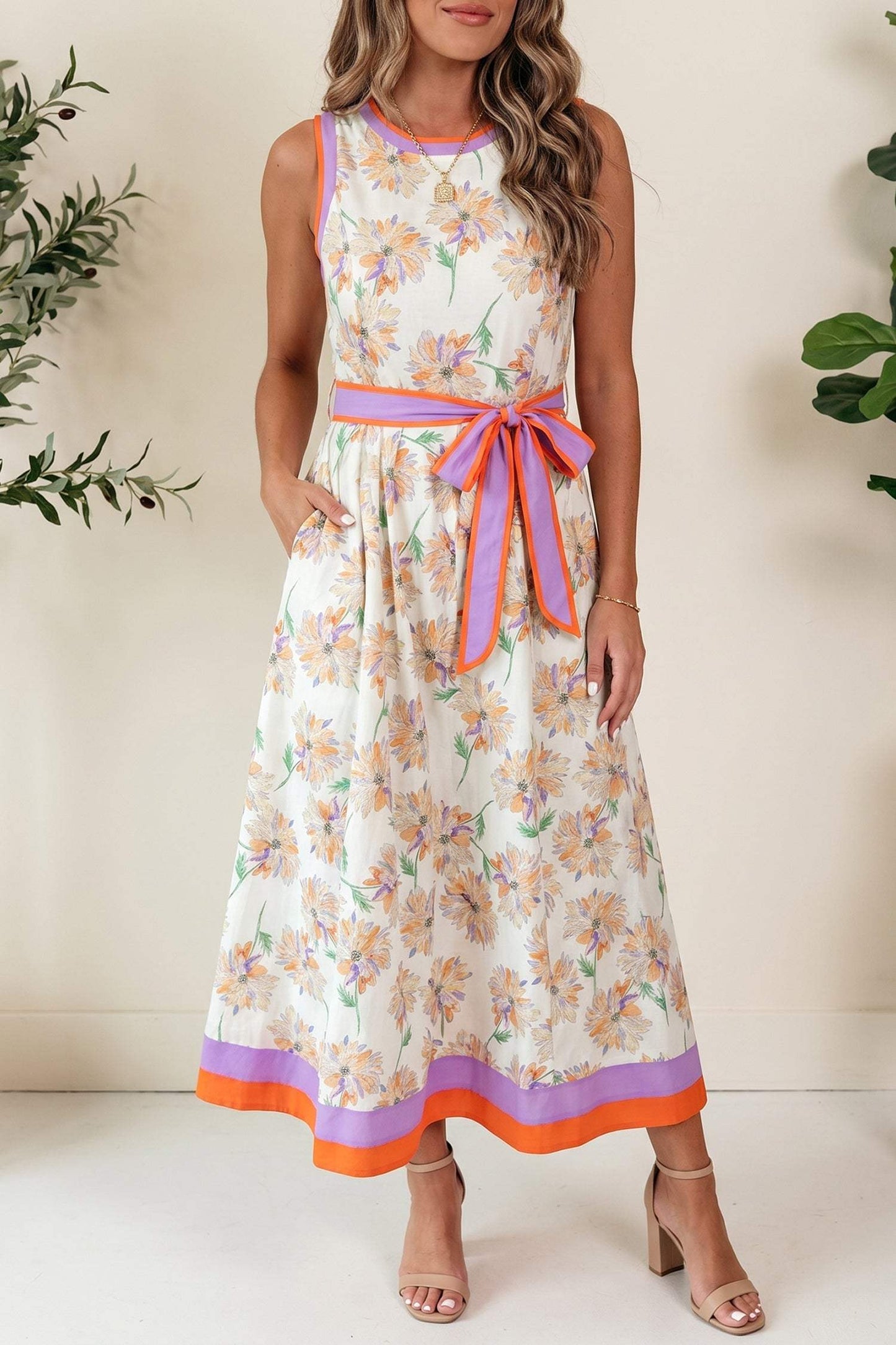 White Floral Print Color Block Trim Belted Sleeveless Maxi Dress