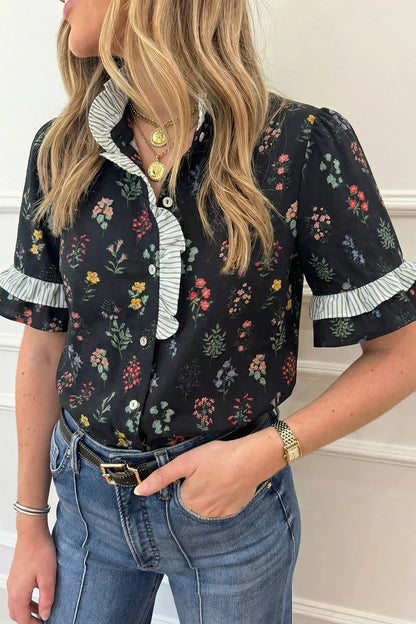 Black Contrast Frilled Trim Short Sleeve Floral Shirt - Sweet Fashion Wholesale