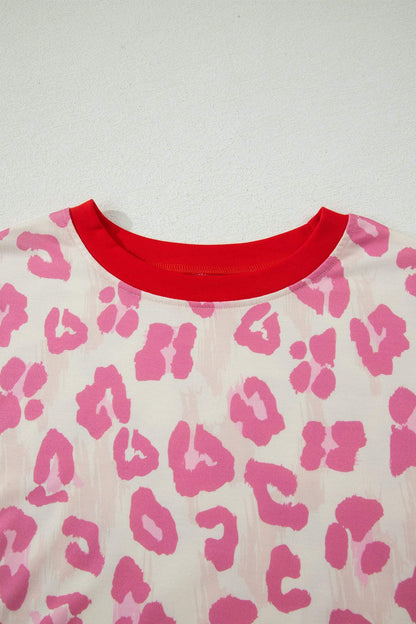 Rose Unique Leopard Print Contrast Trim Top Loose 2pcs Short Set
