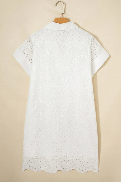 White Solid Color Eyelet Embroidered T Shirt Mini Dress - Sweet Fashion Wholesale