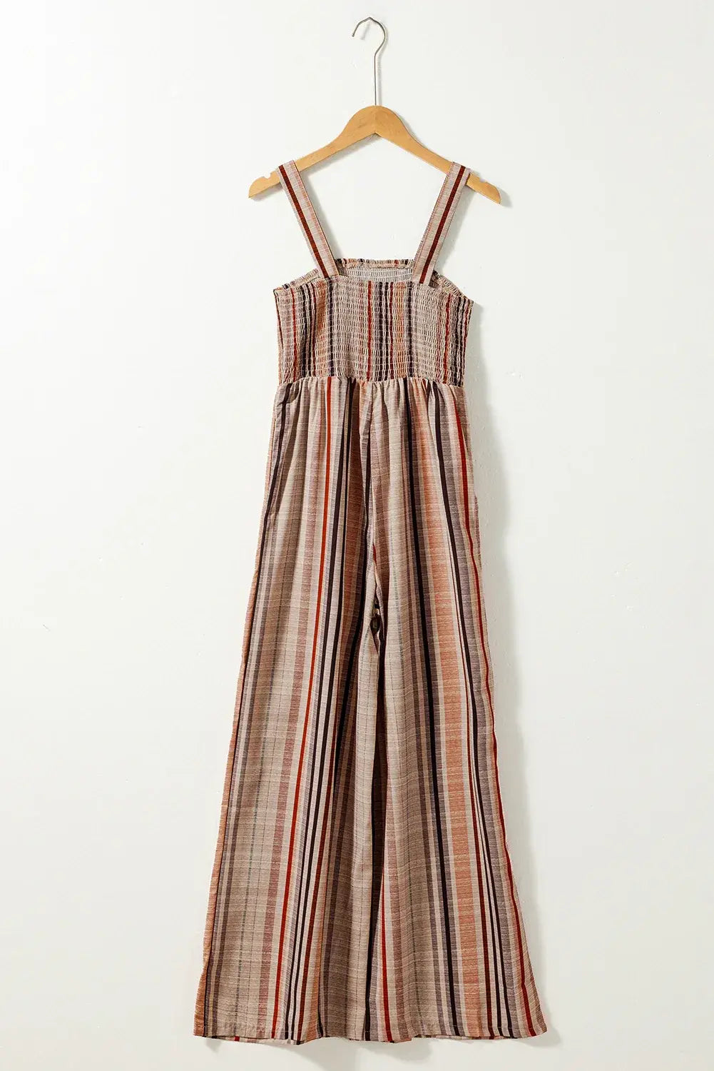 Yellow Stripe Square Neck Sleeveless Smocked Bodice Wide Leg Jumpsuit - Sweet Fashion Wholesale