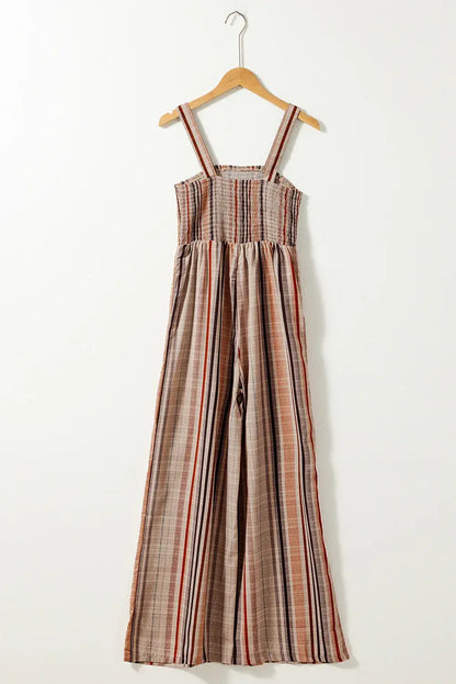 Yellow Stripe Square Neck Sleeveless Smocked Bodice Wide Leg Jumpsuit - Sweet Fashion Wholesale