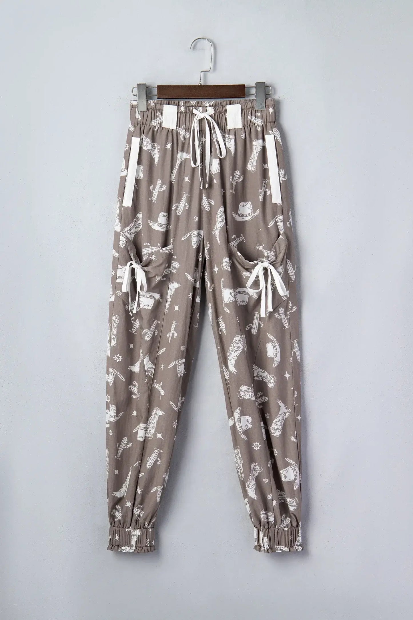 Khaki Western Cactus Cowgirl Hat Boot Printed Vintage Drawstring Jogger Pants - Sweet Fashion Wholesale