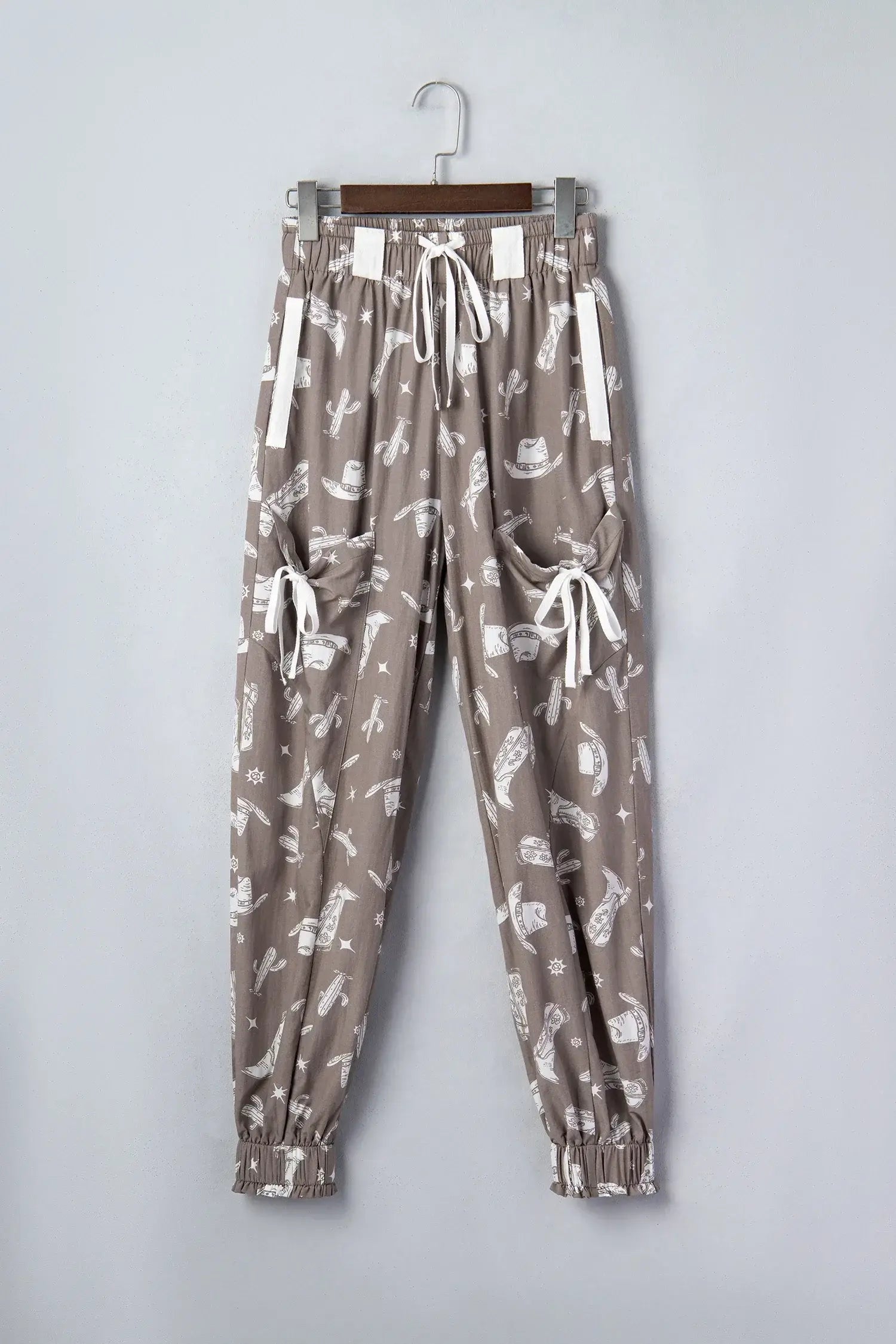 Khaki Western Cactus Cowgirl Hat Boot Printed Vintage Drawstring Jogger Pants - Sweet Fashion Wholesale