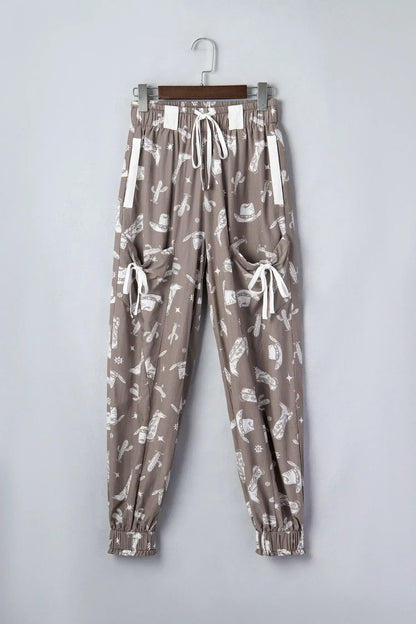 Khaki Western Cactus Cowgirl Hat Boot Printed Vintage Drawstring Jogger Pants - Sweet Fashion Wholesale