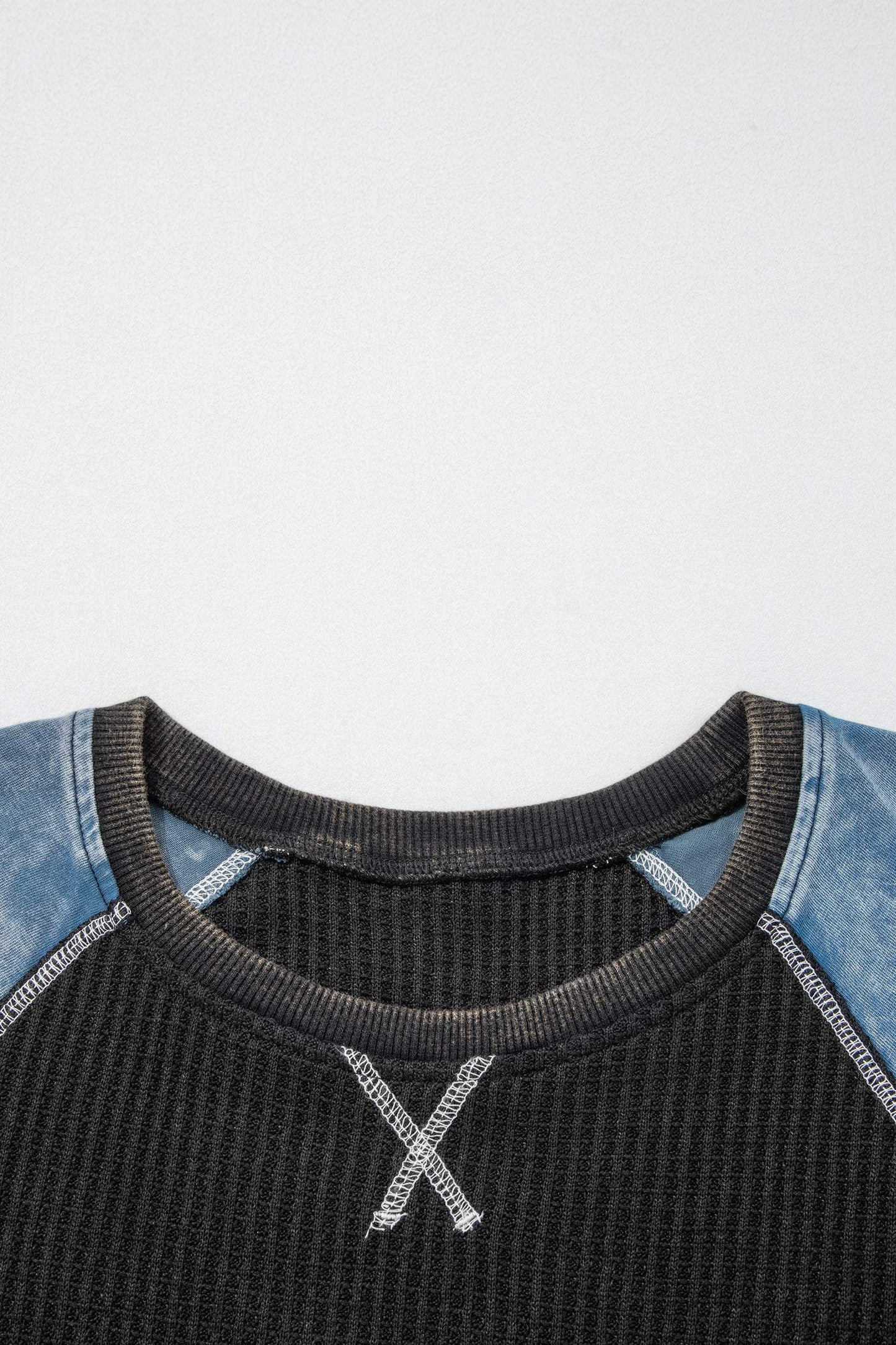 Carbon Grey Waffle Knit Seam Detail Color Block Patchwork Short Sleeve Top