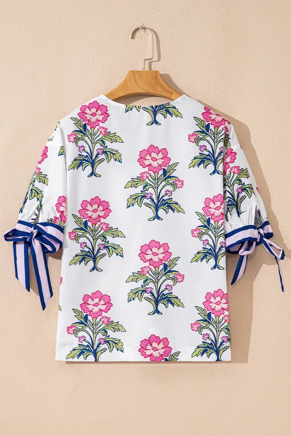 White Floral Colorblock Stripe Knot Bubble Sleeve V Neck Blouse