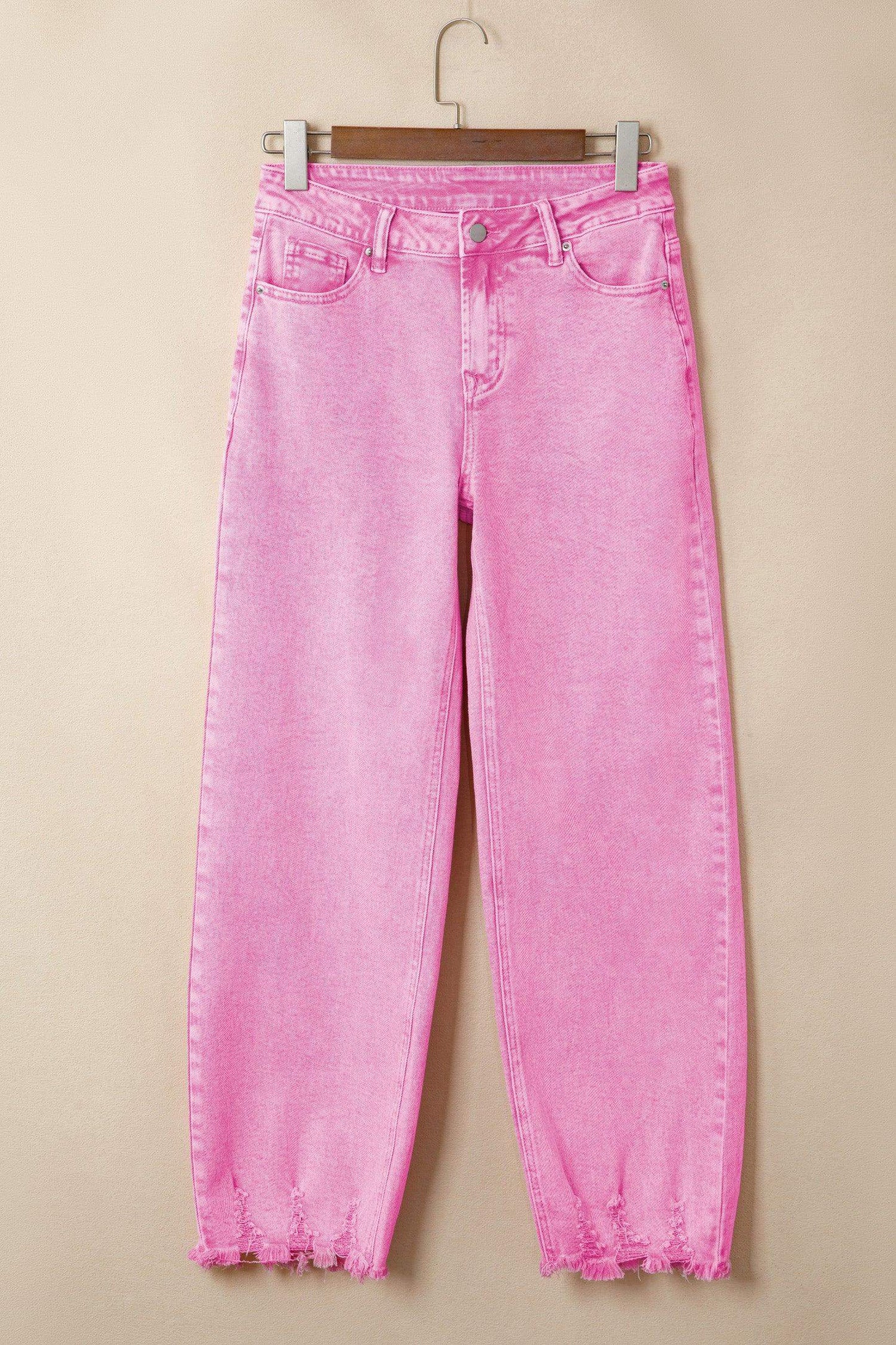Pink Acid Wash High Waist Uneven Raw Hem Shift Jeans - Sweet Fashion Wholesale