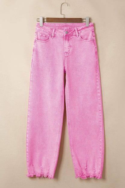 Pink Acid Wash High Waist Uneven Raw Hem Shift Jeans - Sweet Fashion Wholesale