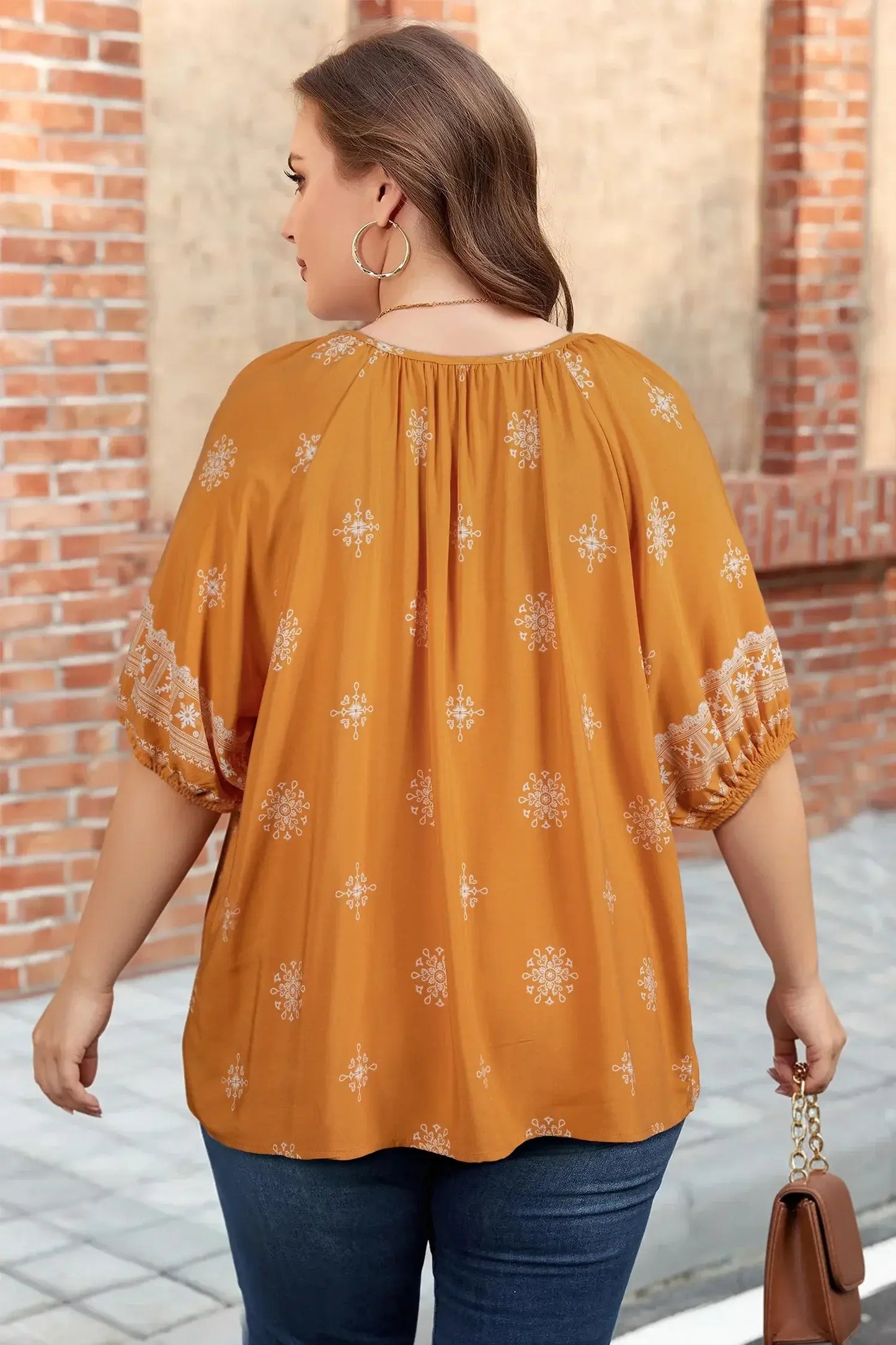Green Boho Chic Notched V Neck Plus Floral Short Sleeve Top - Sweet Fashion Wholesale