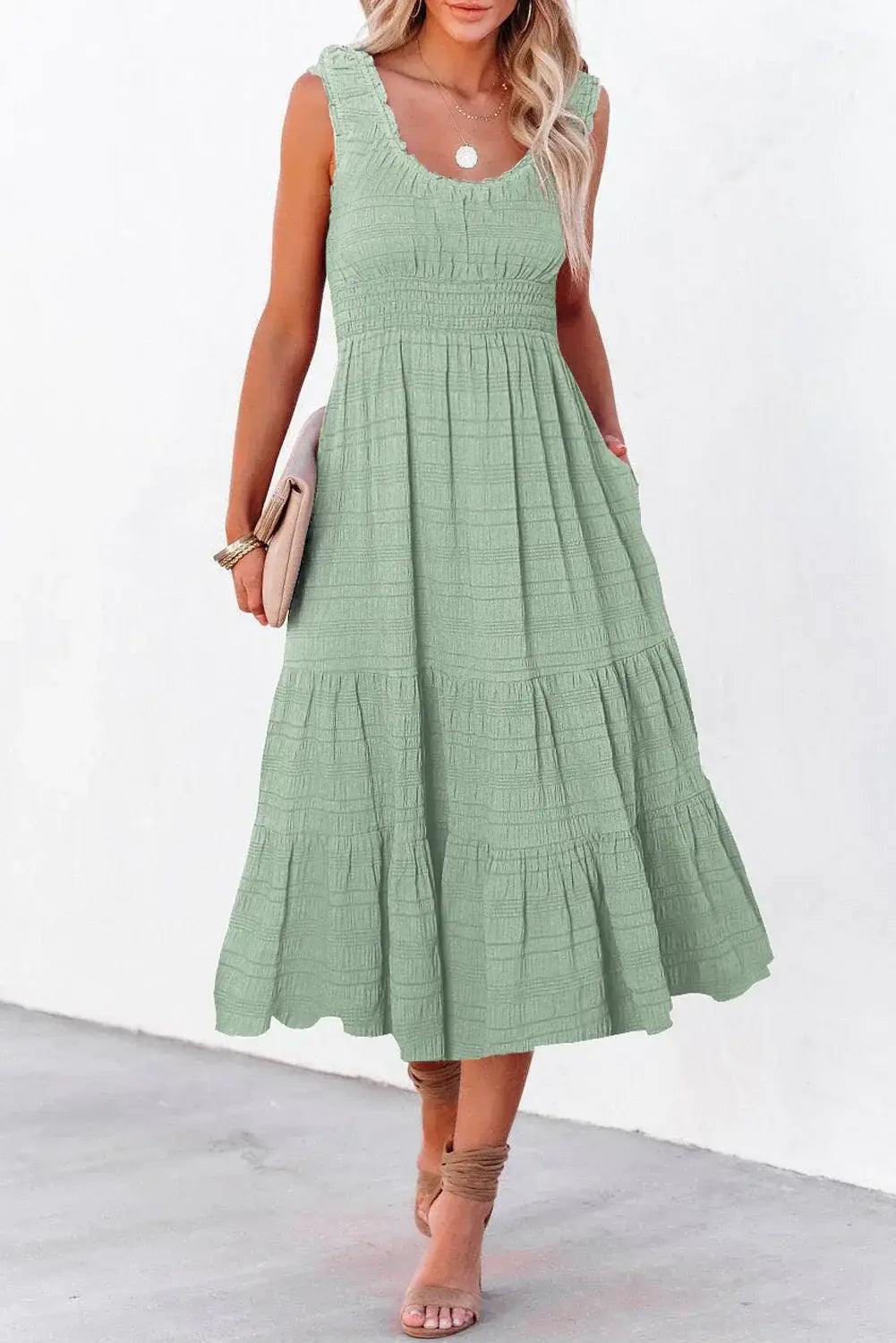 Black Shirred Pleated Square Neck Sleeveless Midi Dress - Sweet Fashion Wholesale