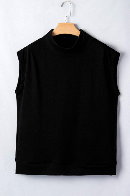 Sky Blue Solid Color High Neck Cap Sleeve Loose Top