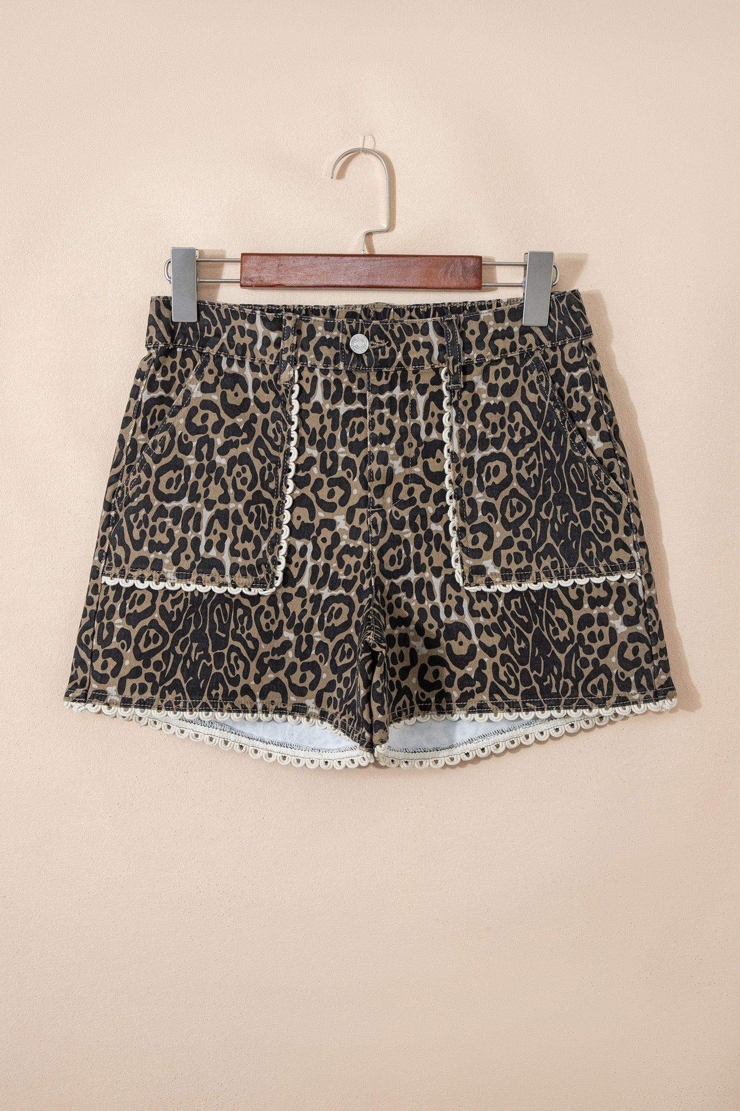 Khaki Contrast Scalloped Lace Trim Leopard Denim Shorts - Sweet Fashion Wholesale