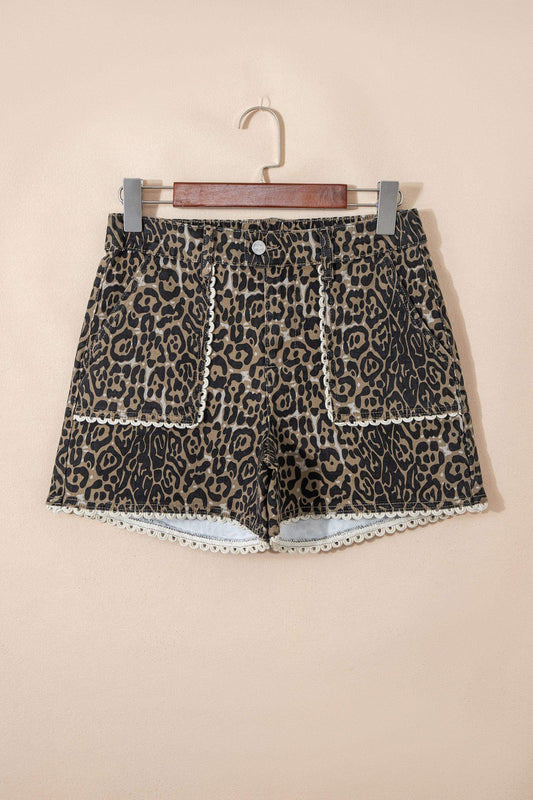 Khaki Contrast Scalloped Lace Trim Leopard Denim Shorts - Sweet Fashion Wholesale
