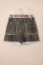 Khaki Contrast Scalloped Lace Trim Leopard Denim Shorts - Sweet Fashion Wholesale