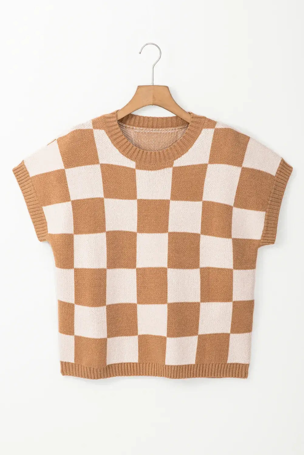 Light French Beige Colorblock Plaid Pattern Ribbed Trim Sweater Tank Top - Sweet Fashion Wholesale