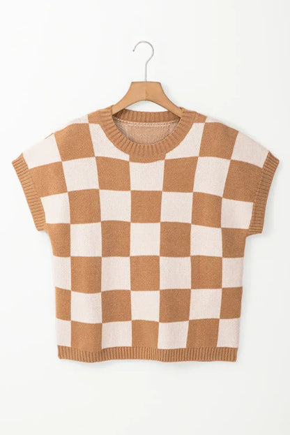 Light French Beige Colorblock Plaid Pattern Ribbed Trim Sweater Tank Top - Sweet Fashion Wholesale