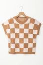 Light French Beige Colorblock Plaid Pattern Ribbed Trim Sweater Tank Top - Sweet Fashion Wholesale