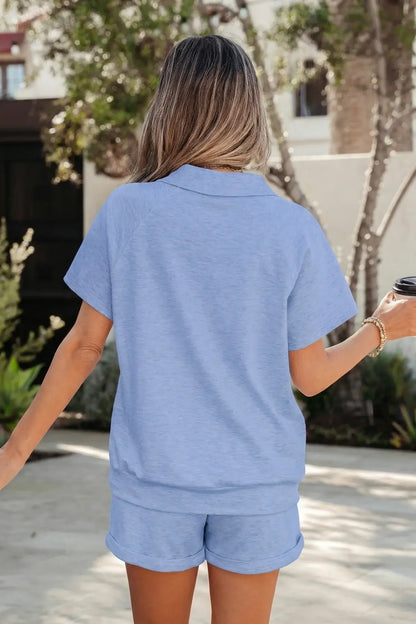 Light Grey Collared V Neck Tee Drawstring Elastic Waist Shorts 2pcs Outfit - Sweet Fashion Wholesale