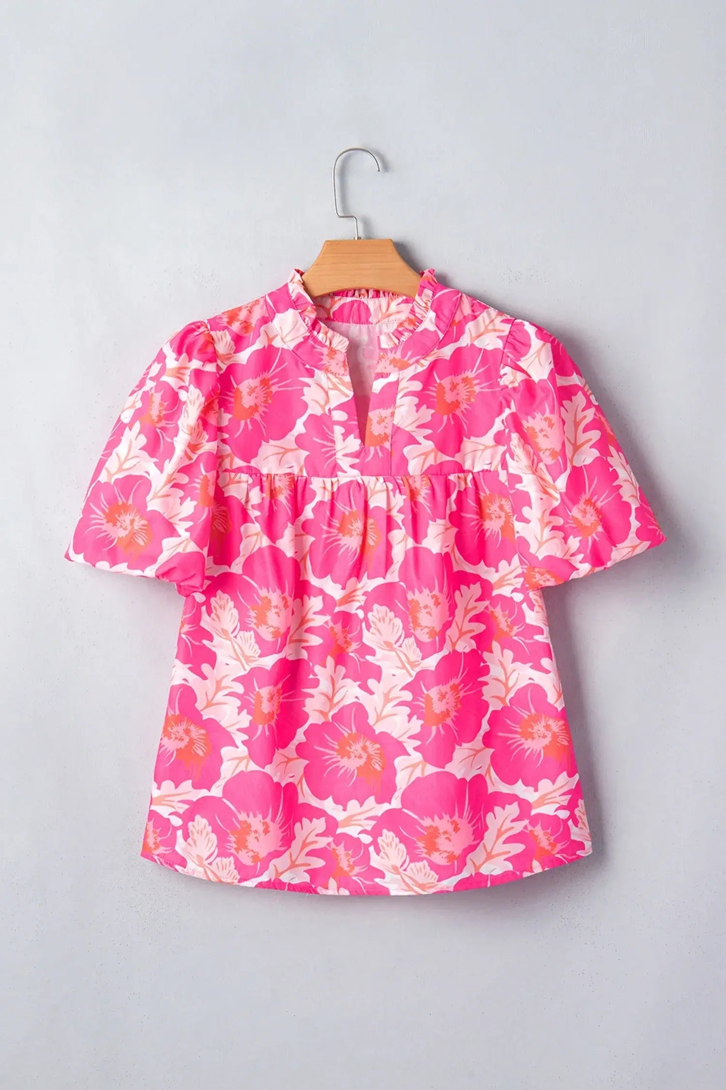 Pink Short Bubble Sleeve Summer Floral Blouse - Sweet Fashion Wholesale