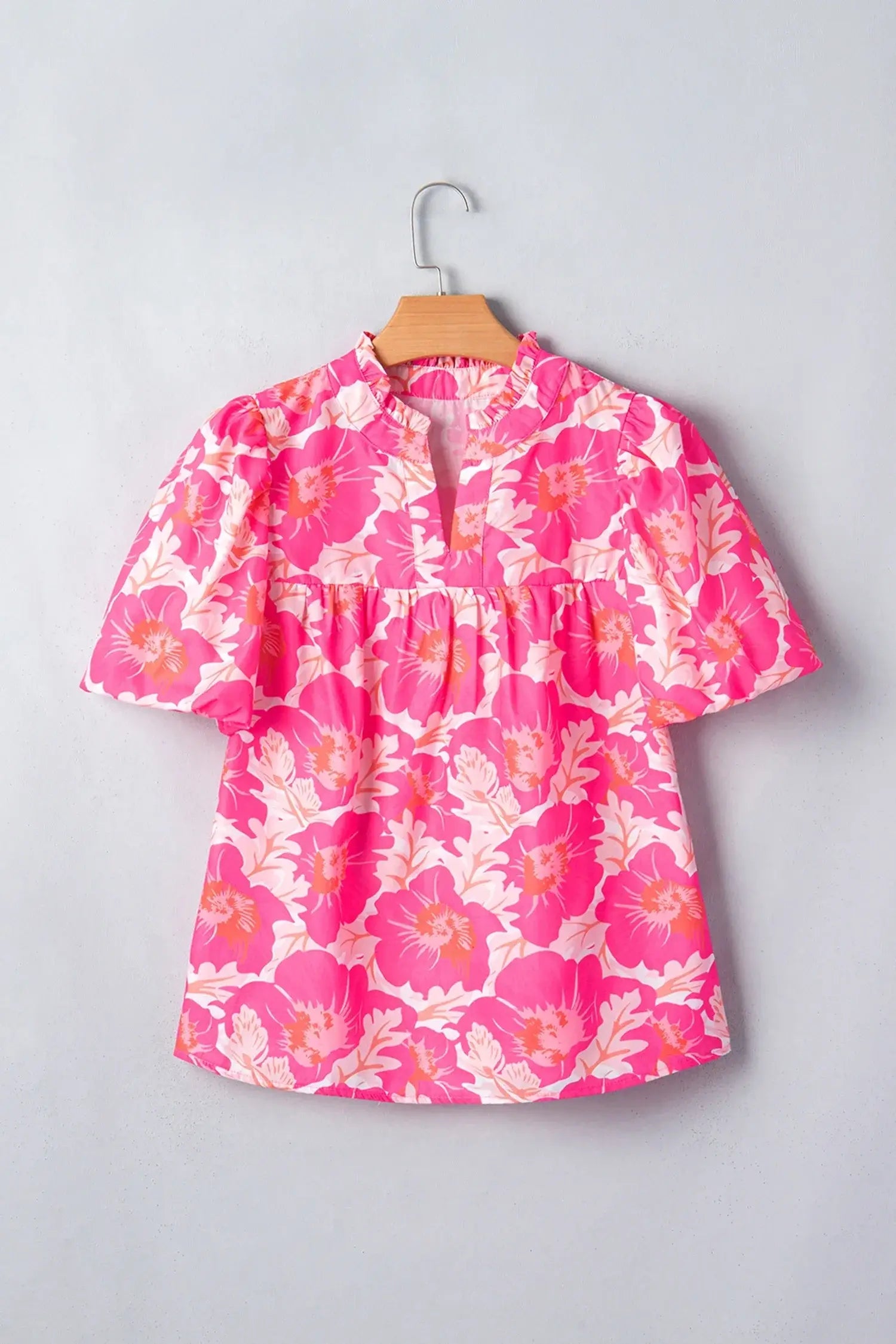 Pink Short Bubble Sleeve Summer Floral Blouse - Sweet Fashion Wholesale